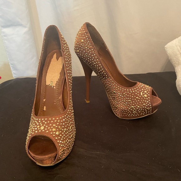 Brown Liliana Open Toe Spike Heels with Bling Sz 7.5 - Picture 2 of 12